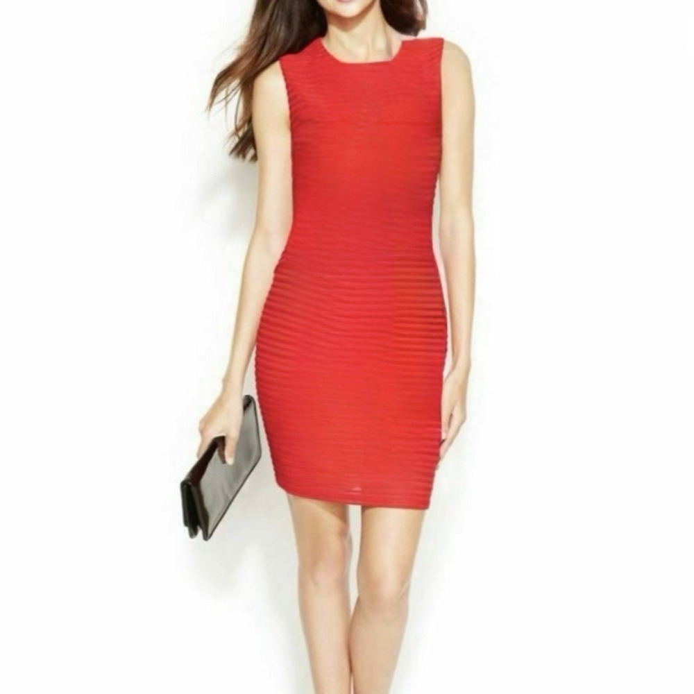 Calvin Klein Red Sleeveless Stretch Textured Knit Sleeveless Sheath Dress Size 6